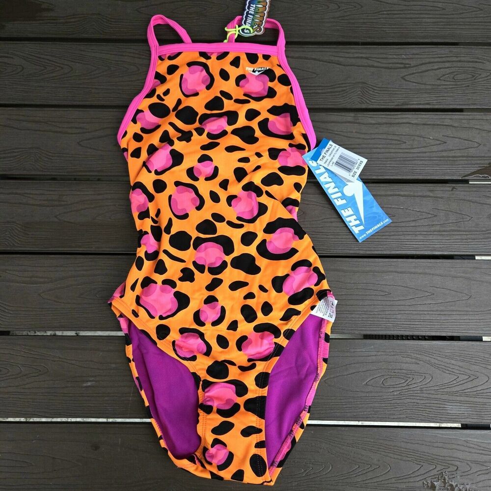 TYR The Finals Women Leopard Swimsuit Flutterback Pink/Orange - Size 30 New